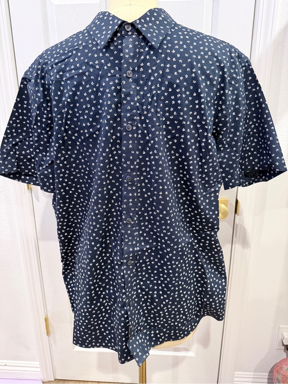 Michael Kors Navy Short-Sleeve Button-Down with Small White Print - XXL